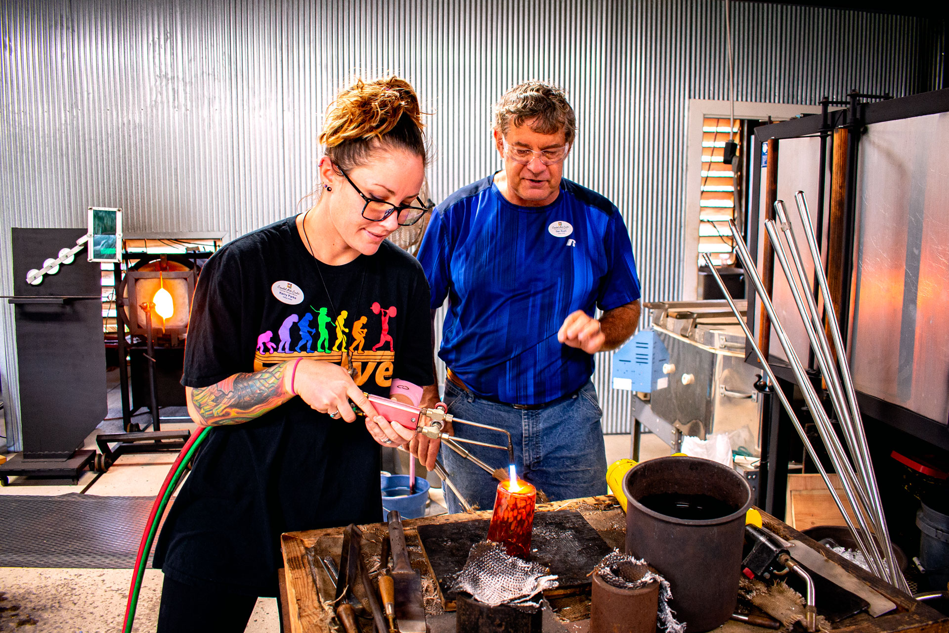 Kerry and Dan glass blowing at OBAC